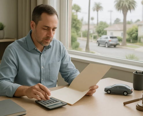 Documents and calculator representing lost wages after a San Diego car accident