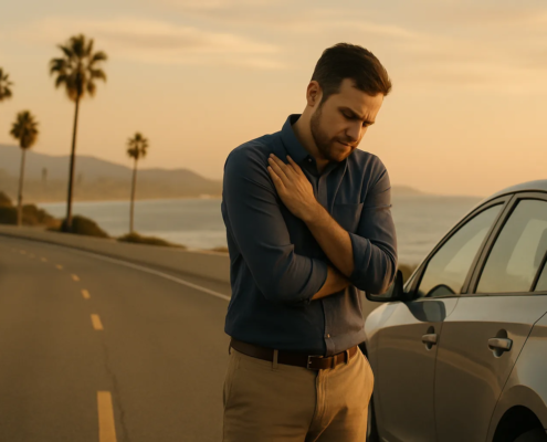 Delayed car accident injuries in San Diego represented by a driver monitoring symptoms beside a car