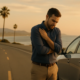 Delayed car accident injuries in San Diego represented by a driver monitoring symptoms beside a car