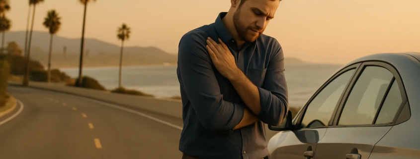 Delayed car accident injuries in San Diego represented by a driver monitoring symptoms beside a car