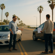 Driver denies fault in a San Diego car accident as vehicle damage is documented