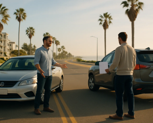 Driver denies fault in a San Diego car accident as vehicle damage is documented