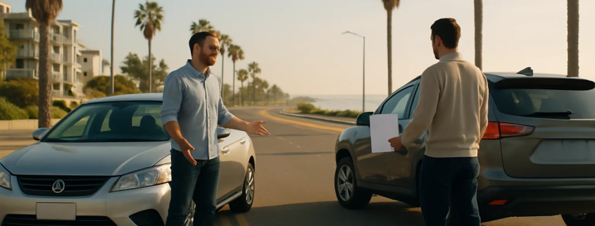 Driver denies fault in a San Diego car accident as vehicle damage is documented