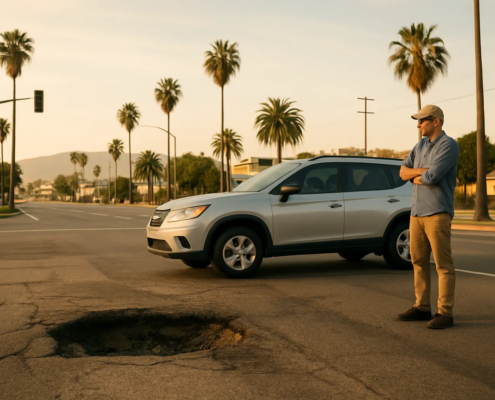 Road defect car accident claim scene on a San Diego roadway