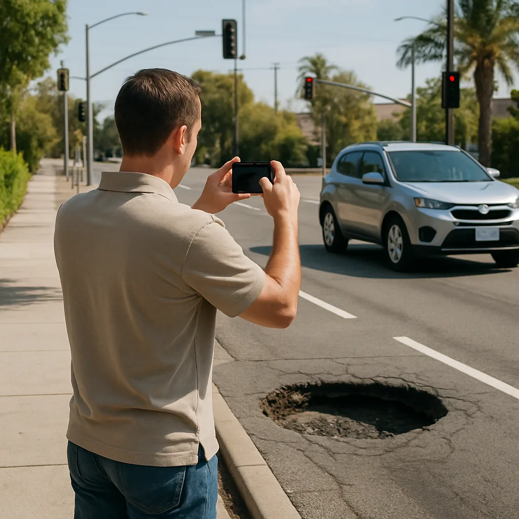 Documenting a roadway pothole after a San Diego car accident