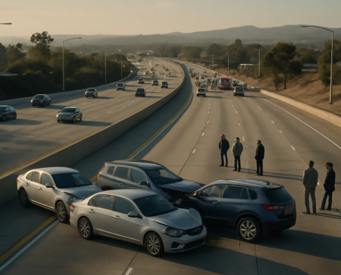 San Diego multi-car accident liability scene on a California freeway